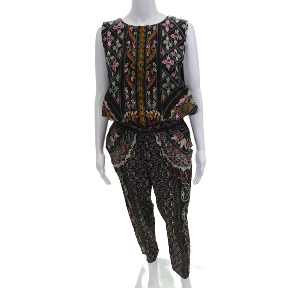 Hemant & Nandita Womens Jumpsuit Black Floral Silk Sleeveless Round Neck Size S